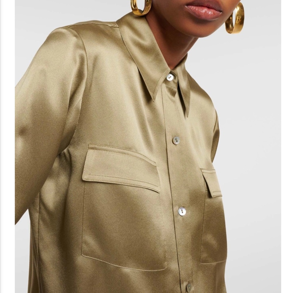 Vince buttoned front  flap chest pocket silk blouse in Artichoke color